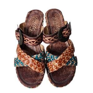 Elite by Corkys Sleepy Multicolor Wedge Leather Sandals Slides Boho Artsy 8